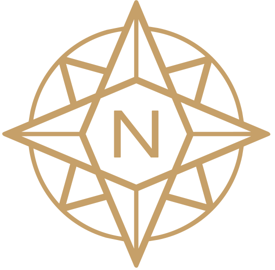 Gold compass icon with the letter N in the center on a transparent background, symbolizing navigation and direction.